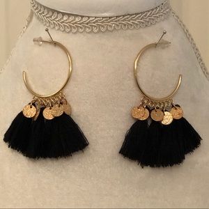 Gold hoop with black tassel earrings